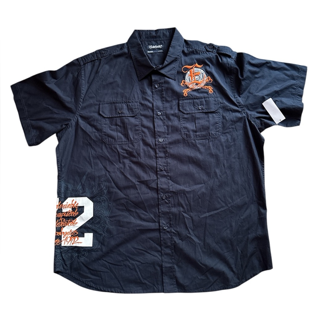 Ecko Unltd NWT Vintage Button Down Short Sleeve 2 Pocket Shirt Orange Embroider‎